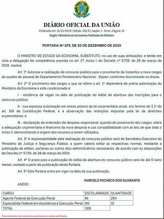 DEPEN tem concurso autorizado com 309 vagas DEPEN tem concurso autorizado com 309 vagas