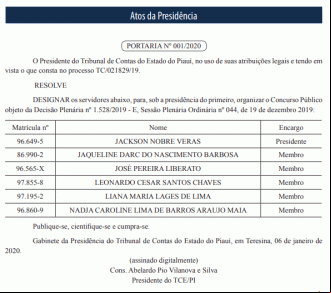 TCE-PI define comissão para próximo concurso público.