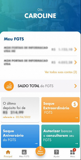 Aplicativo do FGTS informa saldo de contas e consulta ao saque extraordinário. Imagem: Reprodução/FGTS. Aplicativo do FGTS informa saldo de contas e consulta ao saque extraordinário. Imagem: Reprodução/FGTS.