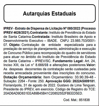 Extrato de Dispensa - IPREV SC Extrato de Dispensa - IPREV SC