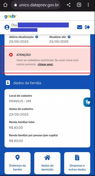 Portal do Cadúnico exibe aviso para famílias unipessoais Portal do Cadúnico exibe aviso para famílias unipessoais