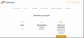 Concurso do MEC tem inscrições abertas em 2023 para 220 vagas - Reprodução/CEBRASPE Concurso do MEC tem inscrições abertas em 2023 para 220 vagas - Reprodução/CEBRASPE