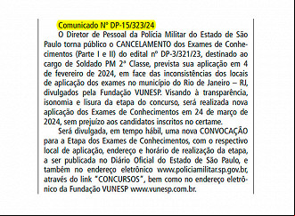 Vunesp cancela provas de 04/02 e remarca etapa para 24/03 - Imagem: Diário Oficial do Estado