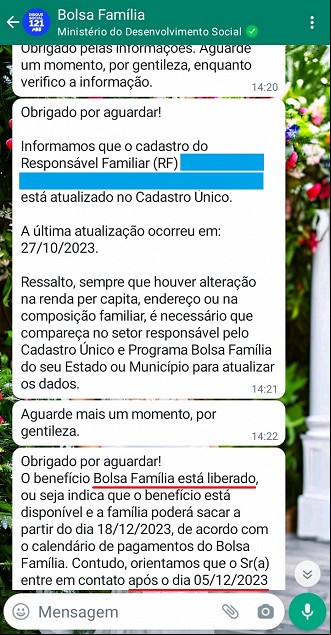 Whatsapp do Bolsa Família exibe informações sobre a parcela de dezembro. Whatsapp do Bolsa Família exibe informações sobre a parcela de dezembro.