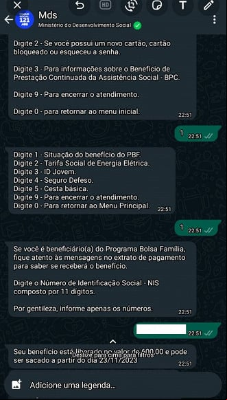 Canal do MDS no Whatsapp mostra Bolsa Família liberado. Canal do MDS no Whatsapp mostra Bolsa Família liberado.