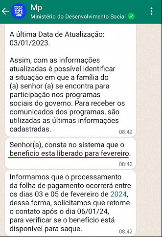Whatsapp do Bolsa Família mostra benefício liberado em fevereiro Whatsapp do Bolsa Família mostra benefício liberado em fevereiro