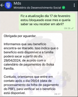 Consulta do Bolsa Família liberado no Whatsapp MDS. Fonte: Canal do Jefinho Consulta do Bolsa Família liberado no Whatsapp MDS. Fonte: Canal do Jefinho